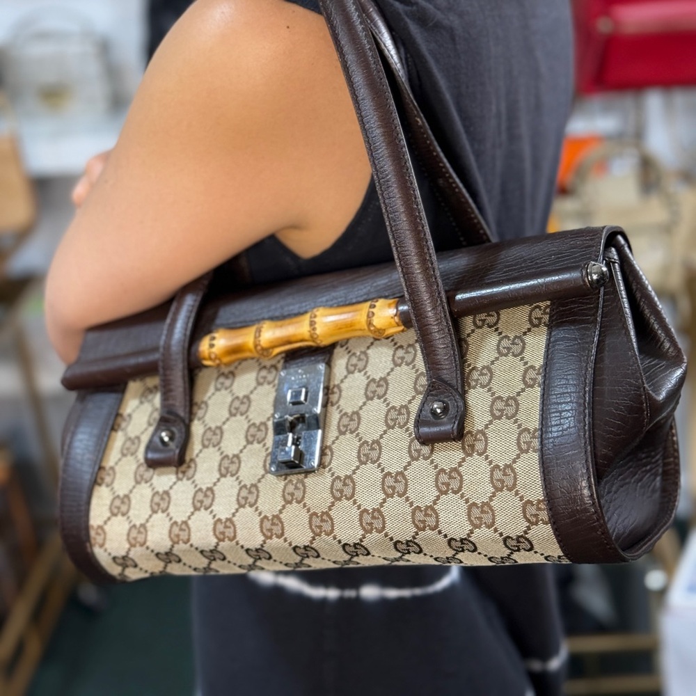 Gucc Tan and Brown Shoulder Bag with Bamboo Accent